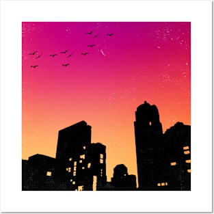 Colorful Sky w/ Birds and Buildings Silhouette Posters and Art